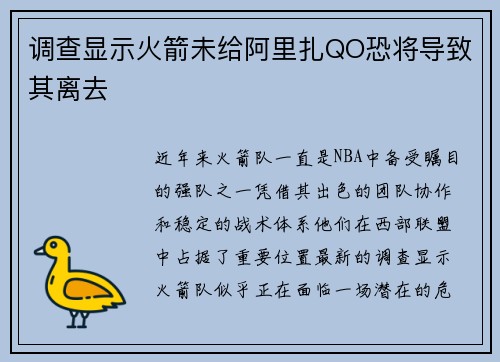 调查显示火箭未给阿里扎QO恐将导致其离去