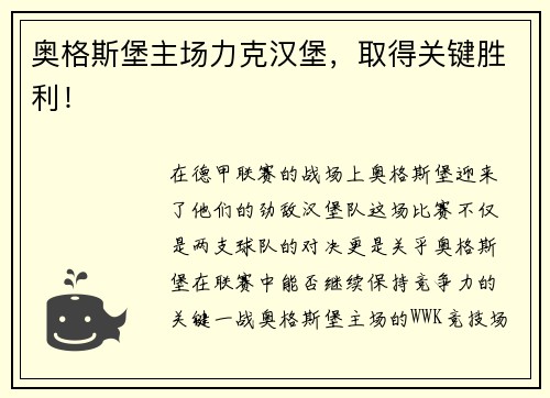奥格斯堡主场力克汉堡，取得关键胜利！
